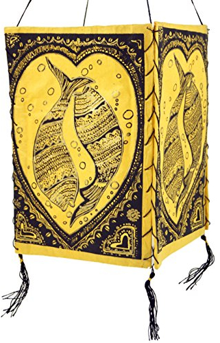 GURU SHOP Lokta Papier Hänge Lampenschirm, Deckenleuchte aus Handgeschöpftem Papier - Lucky Fish Gelb, Lokta-Papier, 28x18x18 cm, Asiatische Lampenschirme aus Papier & Stoff