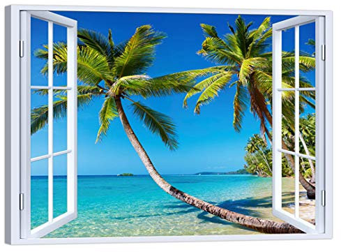 LuxHomeDecor Quadro Finestra Isola Tropicale Palme Mare 100x75 cm Stampa su Tela con Telaio in Legno Arredamento Arte Arredo Moderno