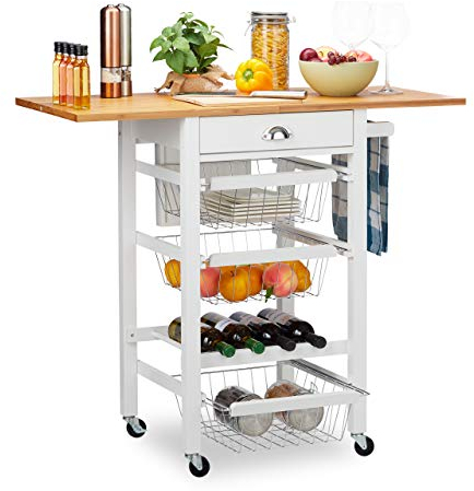 Relaxdays Küchenwagen, Küchenbutler mit klappbarer Arbeitsplatte, Landhausstil, 3 Körbe, Messerblock, für Flaschen, weiß, 89,00 x 60,00 x 49,00cm