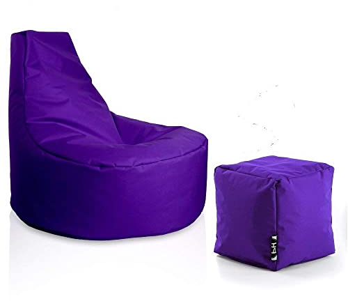 PATCH HOME Gamer Sessel Sitzsack inkl. Würfel Bean Bag Set Ø80cm, 30cm Sitzhöhe, 90cm Höhe + 35x35cm Würfel Lila