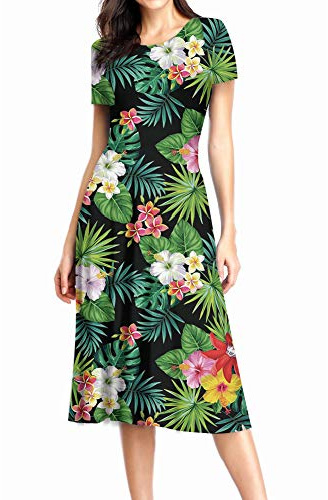 Coloranimal Robe hawaïenne évasée mi-longue pour femme, motif fleurs d'hibiscus et palmier tropical, tailles S-2XL