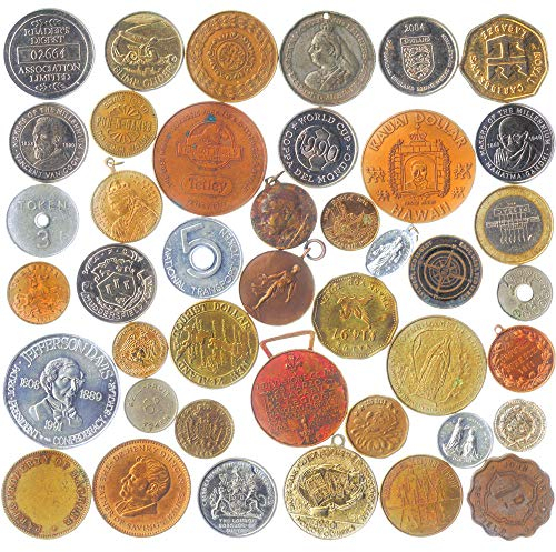 50 PCS MIX OF EXONUMIA: TOKENS, MEDALS, SOUVENIR MEDALLIONS, ELONGATED COINS...