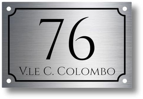 Numero civico in laminato plastico spessore 3.2 mm - Targa per esterno con incisione personalizzata - Formato rettangolare in 3 misure a scelta (Testo Nero - Sfondo Acciaio Spazzolato)