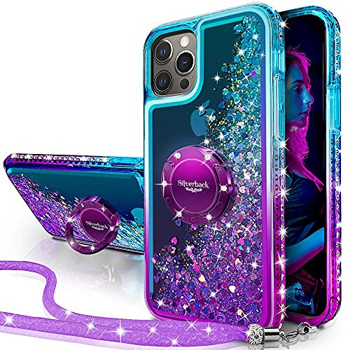 Silverback for iPhone 13 Pro Case, Moving Liquid Holographic Glitter Sparkly Case With Kickstand, Girls Women Bling Diamond Ring Shockproof Protective Cover for iPhone 13 Pro 6.1 -Purple
