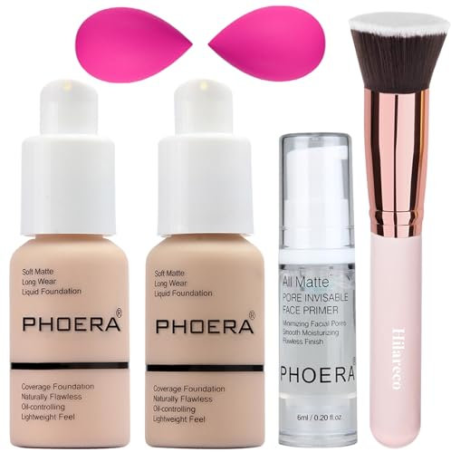 PHOERA Foundation, PHOERA Make-up für Frauen, PHOERA Matte Liquid Foundation mit voller Deckkraft, PHOERA Primer, PHOERA Concealer(101 Porcelain + 102 Nude)