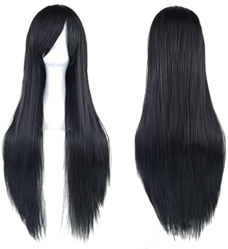 IMISSU Lange glatte Haare Cosplay Perücke mit Pony Bunte Halloween Kostüm Party Perücken (Schwarz)