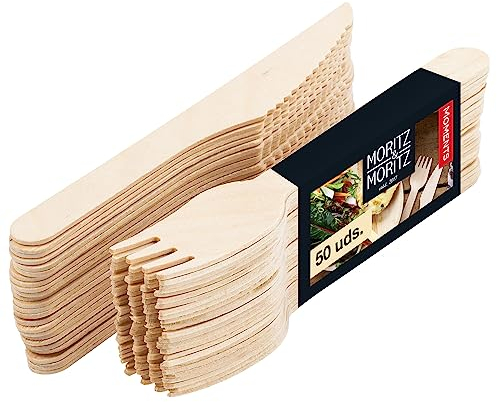 Moritz & Moritz 50 pcs. Wooden Cutlery Set - Compostable Cutlery Set - 25x Knives & 25x Forks - Disposable Cutlery for Outdoor, Parties, Picnic - Like Bamboo Cutlery, Wooden Cutlery