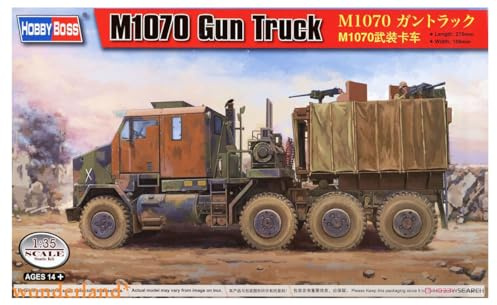 Hobby Boss 1/35 M1070 Gun Truck. Plastikmdoellbausatz eines US-amerikanischen Militär-LKW`s mit 570 Teilen, Metall- und Photoätzteilen sowie Gummireifen. Länge gebaut 275 mm/Breite 109 mm.