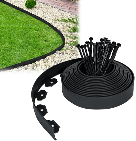 VA-Cerulean Bordure de pelouse en plastique - 10 m - Noir - Flexible - Avec 30 piquets d'ancrage pour plantes de jardin et légumes - Pour plalissade, palissade de jardin, clôture