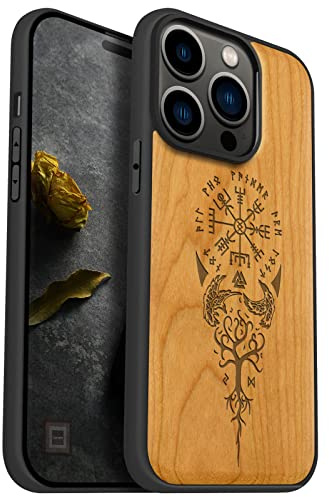 Carveit Holz Cover für iPhone 14 Pro, Kirschholz-Wikingerkompass | Handyhulle kompatibel MagSafe Massivholz für iPhone 14 Pro Handyhülle Stoßstange Weich TPU Case
