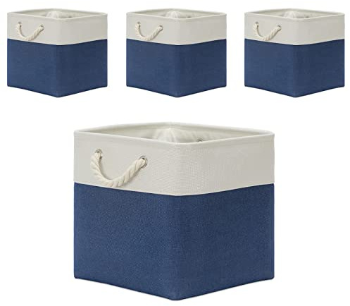 Temary Aufbewahrungskörbe für Regale, 33x33 cm, Körbe für Geschenke, leer, 4 Stück, Regalkörbe, würfelförmige Aufbewahrungskörbe, Stoff-Aufbewahrungswürfel mit Griffen für Regale (weiß und blau)