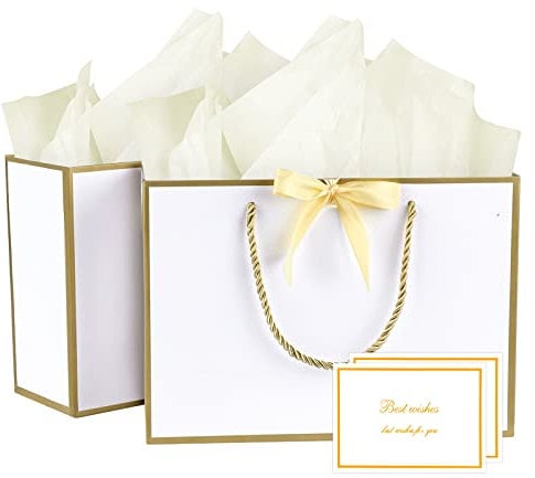 Gift Bags Medium, 2Pcs Paper Gift Bag with 4 Tissue Papers and 2 Cards, Present Bags with Handles for Women Girls Bridesmaid Birthday Valentines Wedding Party (Golden-White)
