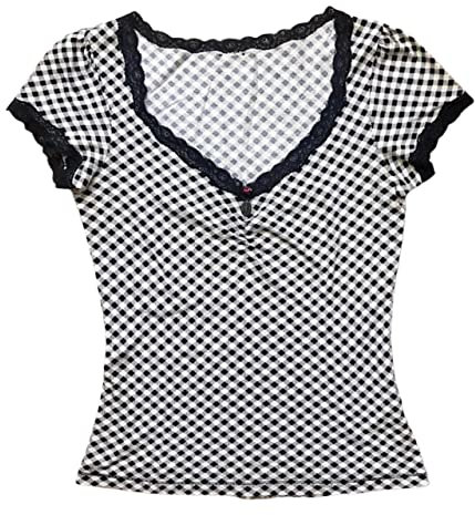 Y2k Langarm Spitze Crop Top Fairy Grunge Tee Shirt Patchwork Slim Fit T-Shirt Niedlich Kawaii Ästhetische Streetwear Fake 2 Stück Tops, Schwarz-Weiß-Plaid, M