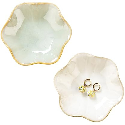 2PCS Lotus Leaf Shape Ring Holder Dish, Small Key Bowl, Ceramic Trinket Tray Jewelry Dish Organizing Necklace Earrings for Mom Friend Sister, All Jewelries Are NOT Included.White+Light Green.