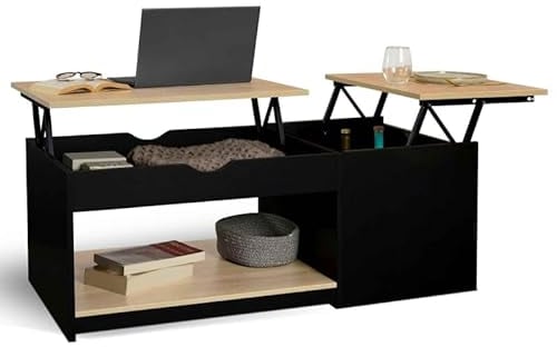 IDMarket - Table Basse 2 Plateaux relevables rectangulaire EYLA avec Coffre Bois Noir et façon hêtre