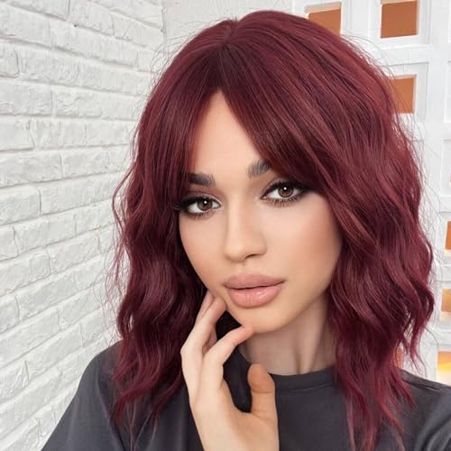 WOKESTAR Bob Lockige Perücke mit Fransen, Kurze Synthetische Gewellte Perücken für Frauen Wein Rote Farbe
