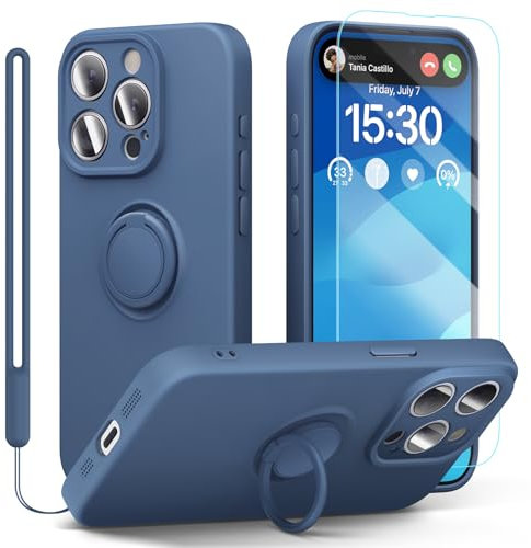 pcgaga Silicone Phone Case for iPhone 15 Pro with Screen Protector [Ring Holder Stand] [Wrist Strap] [Microfiber Lining] Slim Shockproof Protective Cover, 6.1, Blue