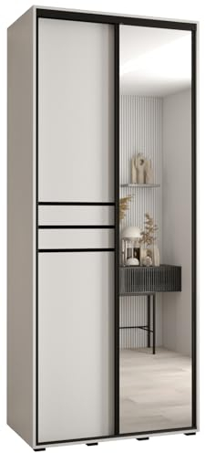 MEBLE KRYSPOL Davos 11 100 Schrank mit Zwei Schiebetüren für Schlafzimmer - Moderner Schrank mit Spiegel, Kleiderstange und Regalen - 235,2x100x60 cm - Weiß Weiß Schwarz