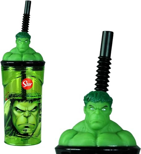 Golddunes 3D Cartoon Character Kids Figurine Re-Usable Plastic Tumbler Beaker with Re-Usable Flexi Straw - 360ml (Angry Hulk)