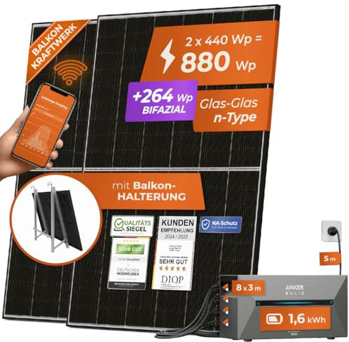 Solarway® All In One Balkonkraftwerk mit Speicher 880W komplett Steckdose - 1,6 kWh Anker Solix 2 PRO Speicher - Solaranlage Komplettset - 440W bifaziale Solarmodule & Anker Speicher & Zubehör