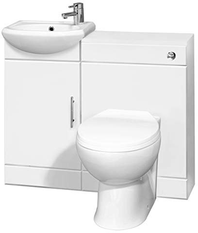 Cloakroom Furniture Pack - Includes Cabinet, Basin, WC Unit, Cistern, Back to Wall Toilet Pan and Soft Close Seat - Gloss White