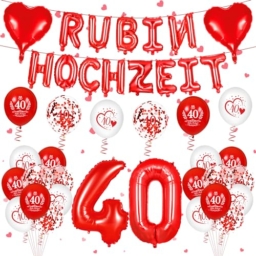 Rubinhochzeit Deko 40. Hochzeitstag Dekorationen Rot 40 Rubin Hochzeit Zahl Foil Jahrestag Luftballons 24 Stück Rubinhochzeit 40 Jahre Herzballons Hochzeitstag Konfetti Ballons für Paar Wedding Deko
