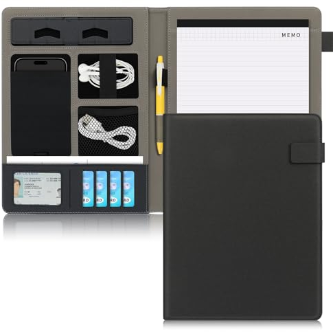 Skycase dokumentenmappe a4 - Konferenzmappe A4 London aus Veganem Leder,klemmhefter a4 PU Leder Ringhalter Schreibmappen Multi Dokumententasche mit Klemmbretter und Tasche für Organizer (Schwarz)