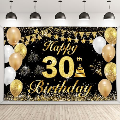 G2PLUS 30. Geburtstag Dekoration Banner, Schwarz Gold, für Mann und Frau Geburtstagsfeier Deko (185 x 115cm)