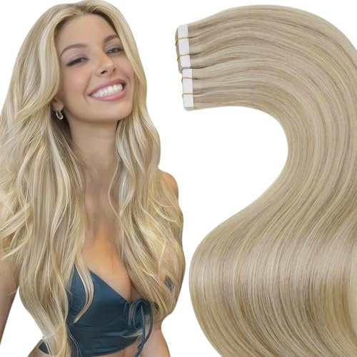LaaVoo Tape in Extensions Echthaar Blond 40cm Tape in Extensions Seamless Remy Haarverlängerung Echthaar Tape Extensions Goldblond Highlight Mittelblond 50g 20PCS #p16/22