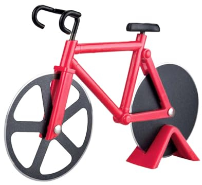MUYAPAY Pizzaschneider Fahrrad, Antihaftbeschichteter Edelstahl Pizzaroller, Pizzaschere mit Ständer, Pizza Schneider mit Scharfem Schneiderad, für Party, Küche und Esszimmer, 18cm, Rot