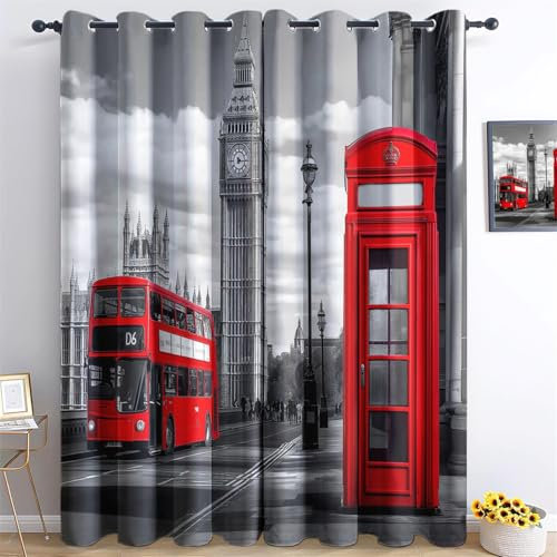 Generisch Blickdichte Stadtlandschaft Gardinen Verdunkelungsvorhang H245 x B280 cm, Stadtbild London Big Ben Lichtundurchlässige Vorhang mit Ösen für Schlafzimmer Geräuschreduzierung