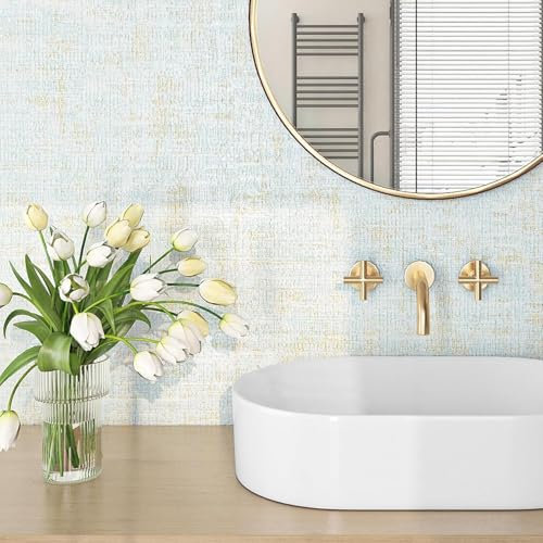 FunStick Tapete Selbstklebend Blau Gold Badezimmer Wandtapete Leinen Textur Mustertapete Schlafzimmer Blaue Schrankfolie Klebefolie Leinenoptik Abnehmbare Deko Klebefolie für Möbel Gold Blau 40CMX2M