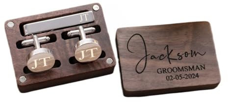 Manschettenknöpfe und Krawattenklammer aus Metall, personalisierbar mit Gravur, Manschettenknöpfe für Herren, Hochzeitsgeschenk für Bräutigam, personalisiertes Geschenk für Ehemann, Ihn, Brautvater,