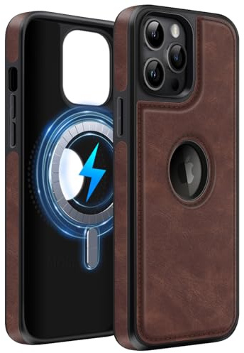 MOBESV Lederhülle mit Logo-Ansicht für iPhone 14 Pro 6,1 Zoll, Magnetisch Handyhülle kompatibel mit MagSafe, Dünn Klassische Elegant Hülle, Dunkelbraun