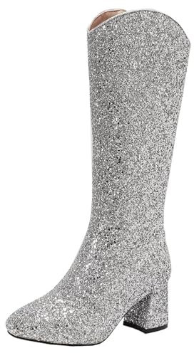 HSyc JRX Stivali alti al ginocchio con tacco a blocco, da donna con glitter, argento, 34 EU