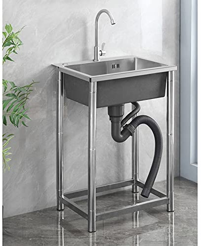 Fregadero de acero inoxidable de 1 compartimento, fregadero de cocina comercial y utilitario con escurridores, para garaje, lavandería, jardín, plateado, 45 x 40 x 75 cm