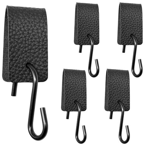 FORYNXHWIN 5 Stück S Haken Mit Lederschlaufe, Edelstahl S Haken Schwarz, Haken Garderobenhaken Kleiderhaken Metallhaken, Haken zum Einhängen für Küche Bad Schlafzimmer Wohnzimmer