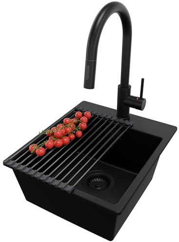 PRIMAGRAN Evier Cuisine en Granit Tout Noir 38x44cm, Lavabo 1 bac + Robinet 40x20cm + Set d’accessoires, Évier à Encastrer al mueble 40cm - Riga Easy S050