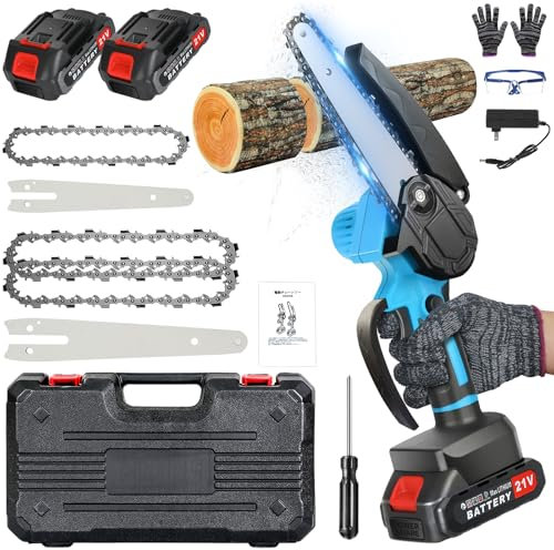 Mini Chainsaw, 4&6inch 2-in-1 Cordless Chainsaw Kit with Large LI-ion Battery Safety Lock High Power Electric Handheld Chain Saw for Wood Cutting Tree Trimming Gardening (2 Batteries 3 Chains)