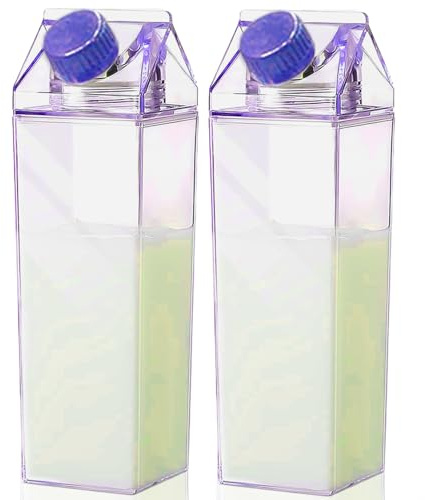 Pesoncarl 2Pcs Milk Carton Water Bottles 500ML DIY Leak-proof Clear Milk Carton Container Reusable with Dual Opening Portable Impact-Resistant Cute Square Water Bottle for, Soda (Purple), sports