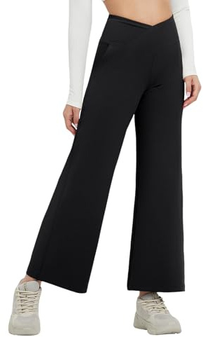 baleaf Weite Hose Damen Yogahose mit Taschen Stoffhose Hohe Taille Jogginghose Straighthose Bauchkontrolle Schlaghose Sporthose Petite Schwarz L