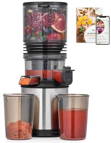 AMZCHEF Cold Press Juicer Machines, Slow Masticating Juicer with Low Noise DC Motor & Triple Filter, 160mm Wide Chute & 2L Capacity for Whole Fruits and Vegetables, Easy to Clean, Stainless Steel