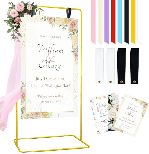 FOTSHARER Wedding Sign Holder Gold Metal Welcome Sign Stand 170x80x40cm Adjustable Welcome to Our Wedding Signs Stand with 4 Leather Straps Easel Stands for Party Graduation Bridal Shower Poster