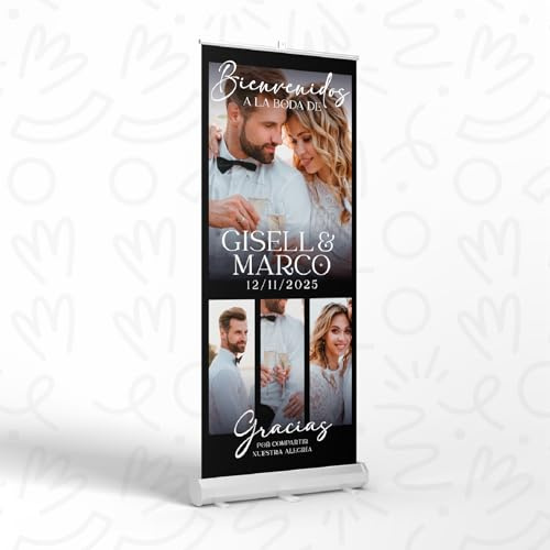 Roll Up Personalizado 85x205cm para Boda con Estructura Metálica + Lona 510gr - Personaliza Textos y Fotos - Incluye Maletín Transportador – Ideal para Bodas de Oro, Plata, Aniversarios y Eventos