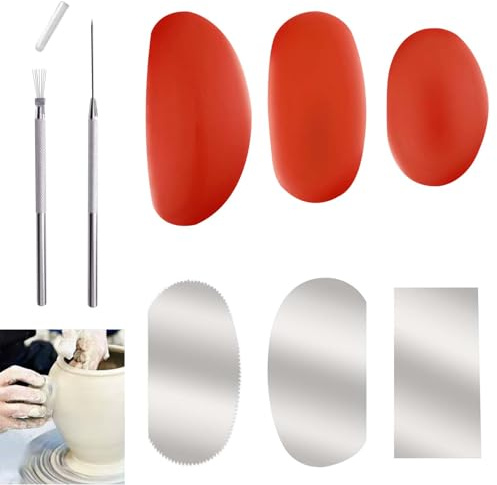 8Pcs Pottery Tools, 3 Sizes Rubber Pottery Clay Ribs, 3 Pcs Stainless Steel Clay Sculpture Scraper, 1 Clay Ceramic Needle & Feather Wire Texture Tool for Handbuilding, Sculpting