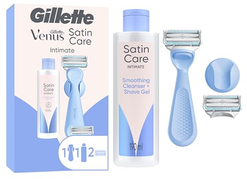 Gillette Venus für den Intimbereich Rasierapparat mit 2 Klingen + Satin Care Intimpflege 2-in1 Reinigungs- und Rasiergel 190 ml + Duschhänger