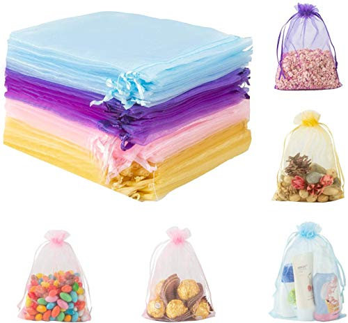 Derbway 80 Stück Organza Geschenktüten,Schmuckbeutel Hochzeitsfestbevorzugung Taschen mit Band,13 * 18CM,Kordelzug,Lila/Rosa/Gelb/Blau