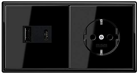 Jung USB-Ladegerät USB15CASW Komplett-Set mit 2 USB-Buchsen Ports: 1× USB Typ A, 1 ×Typ C (max. 3A) mit Abdeckung LS1969USBSW, SCHUKO Steckdose LS1520KISW und 2-fach Rahmen LS982SW Schwarz Serie LS