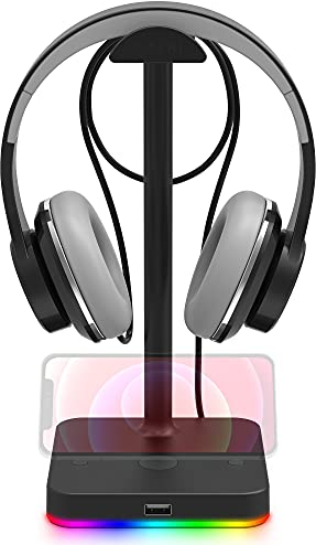 KAFRI RGB Headphone Stand with USB Hub, Desk Gaming Headset Holder Hanger Rack with 1 USB2.0 Extension Charging Port Cord - Suitable for Gamer Desktop Table Game Earphone Accessories