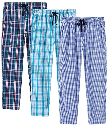 MoFiz Pantalon Pyjama Homme Coton Carreaux Pantalon de Nuit Cofortable Doux avec Poches à Cordon de Pantalon 3Pack-D S